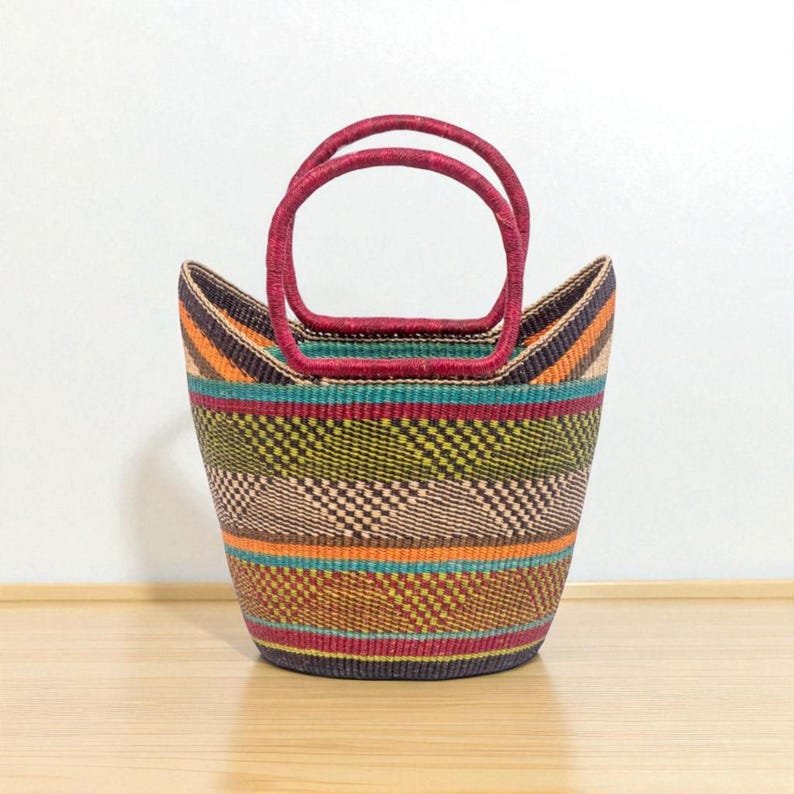 Handwoven Bolga Market Basket – Colorful African Tote, Boho Storage